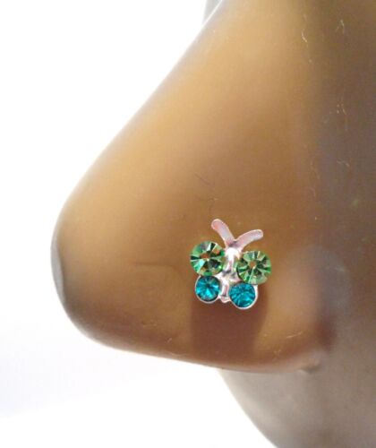 Sterling Silver Blue Green Butterfly L Shape Post Pin Stud Nose Ring 20 gauge - Picture 1 of 3