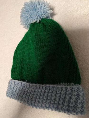 Handmade Knitted Green Hat With Blue Pom Pom Age 2-3 Years SALE