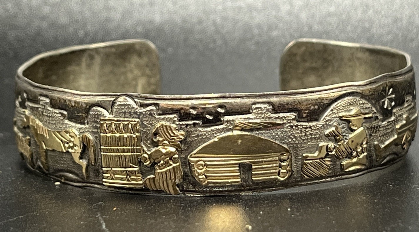 Vintage TA Begay Navajo  Indian Sterling Silver 12k GF Storyteller Cuff Bracelet