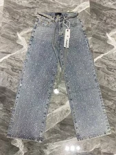 NEW PE Men's Summer Full Rhinestone Strap Fashion Washed Blue Women Jeans