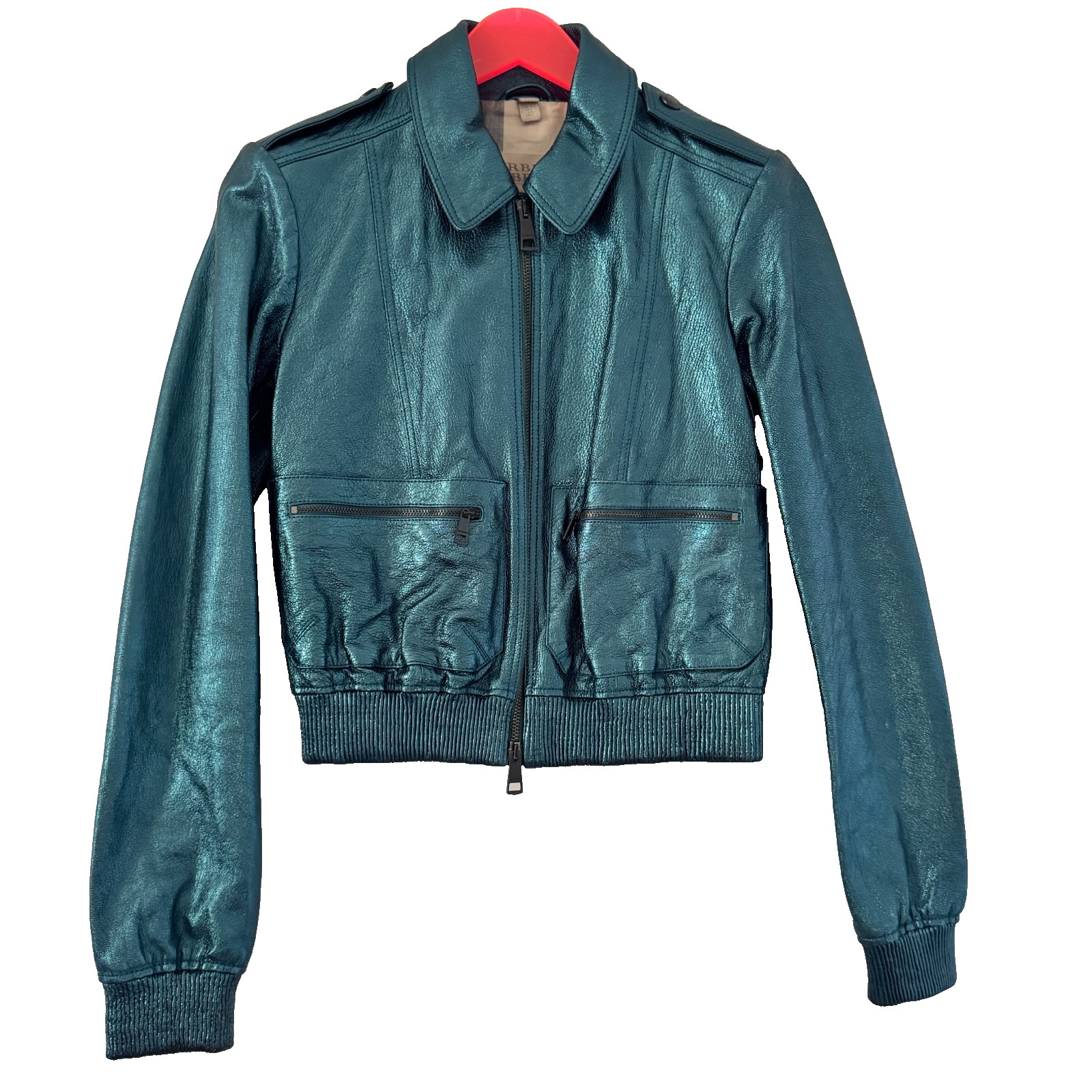 BURBERRY BRIT Tourmaline Green Metallic LEATHER Bomber Jacket Teal Coat US-6