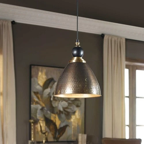 UTTERMOST 22052 ADASTRA ANTIQUE BRASS HAMMERED METAL SHADE 1 LIGHT PENDANT - Picture 1 of 7