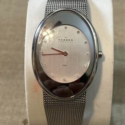 Skagen Denmark Ladies Watch Steel Mesh Band 12 Stones Silver Oval Dial Luxury
