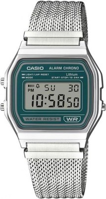 Reloj Casio A158WEM-3EF Vintage Malla Acero Esfera Verde LED | Cronómetro y Alar