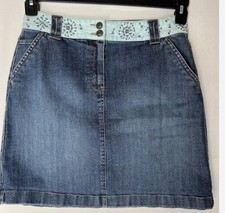 Talbots Denim Skirt Womens 12 Stretch Floral Embroidered Waist Boho Summerfest