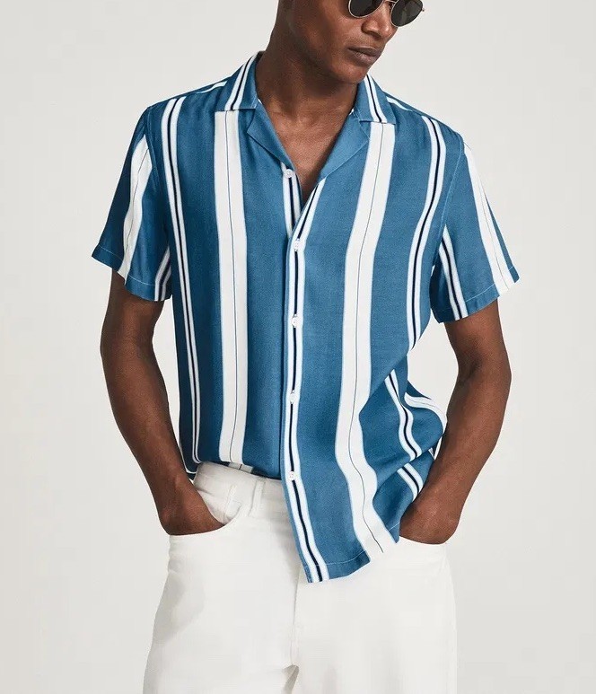 NWT Reiss Monroe Striped Cuban Collar Shirt - White / Blue - Large image 2