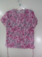 Womens Just Be Scrub Top Size L Pink Gray Butterflies Breast Cancer Ribbons