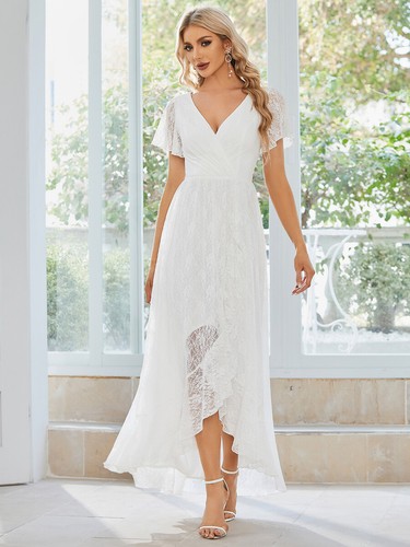 Women's Pleated V-Neck Short Sleeve Ruffled Lace Evening Dress