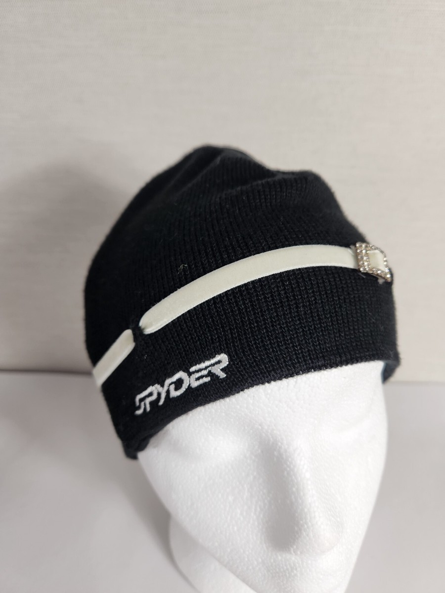 Womens Spyder Winter Beanie Hat Black Knit Cream Velvet