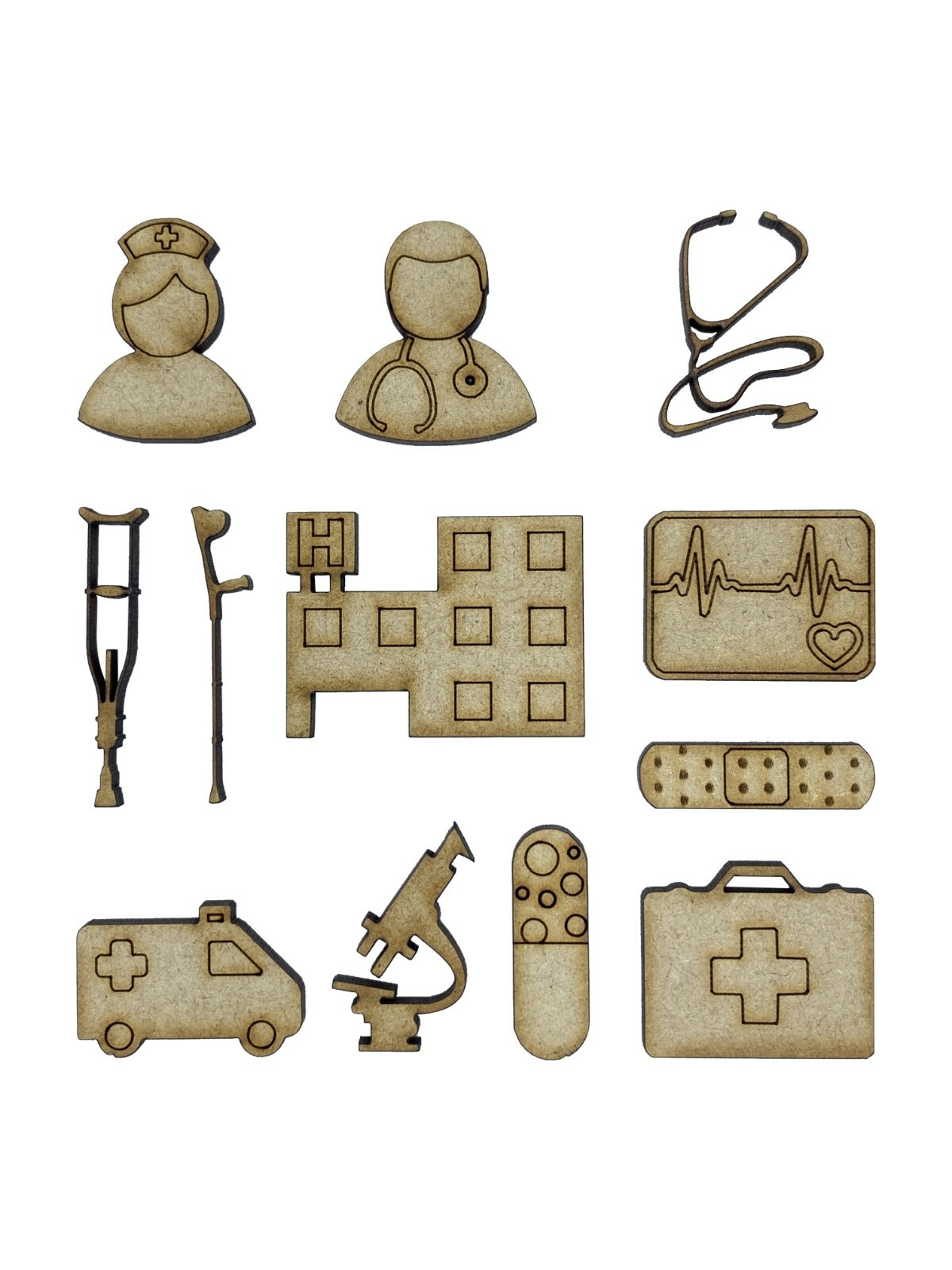 20x Assorted Doctors Nurse Hospital 3cm Wood Craft Embelishments Laser Cut Shape