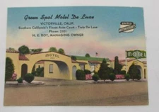 Vtg Linen Business Card Green Spot Motel De Luxe Victorville CA NOT Postcard