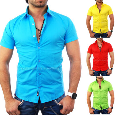 Reslad Herren Kurzarm-Hemd Uni Freizeithemd Sommer Slim Fit Männer Hemd RS-7020