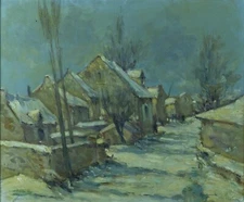 Antique Painting HST Impressionist André Villaret Landscape Aveyron Snow Village