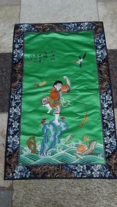 ANTIQUE CHINESE GOLD STITCHES SILK EMBROIDERY OF A BOYPLAYING,FRO