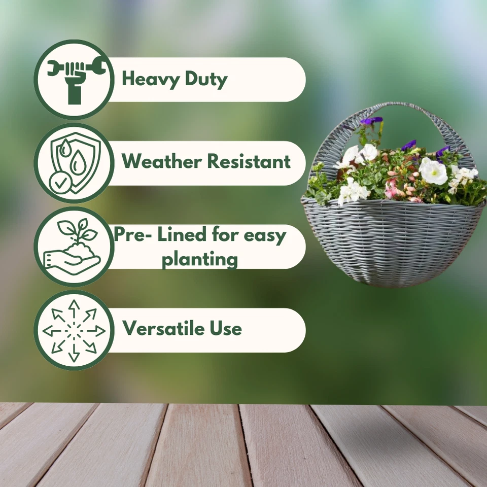 Garden Hanging Wall Basket 16'' Mounted Planted Pre-Lined 5.5L Outdoor Wicker - Image 4 of 4