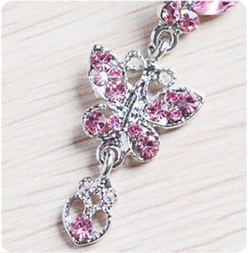 Twin Butterfly drop Heart Belly Button Ring, Navel Ring, Sea Belly Ring, Pink, - Picture 4 of 5