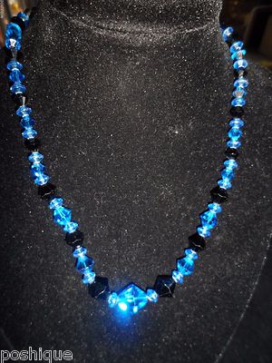 Statement Necklace Choker Genuine Crystals Blue Black Bright Shiny Party 