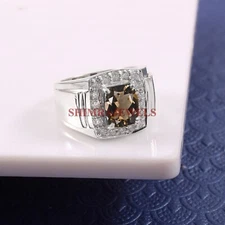 Natural Smoky Quartz Gemstone With 14K White Gold Plated Silver Men's Ring #1292