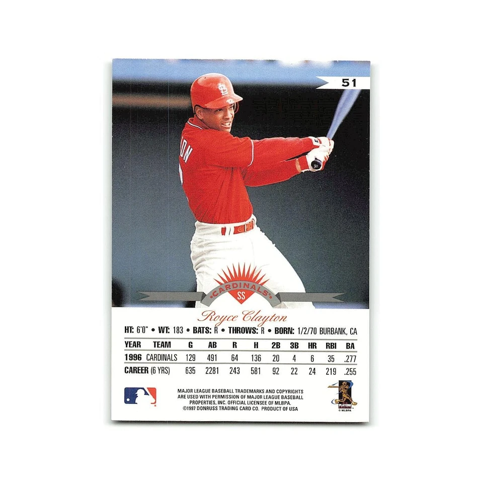 Royce Clayton 1997 Leaf #51 St. Louis Cardinals Baseball Card NM - Image 2 of 3
