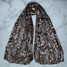 Sheer Brown Extra-Lightweight Scarf with Metallic Silver Paisley Accents