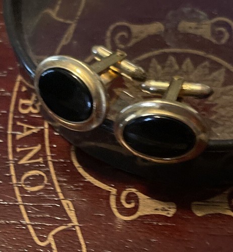 Cuff Links Oval Black Onyx Correct Quality Yellow Gold Filled - Picture 2 of 11