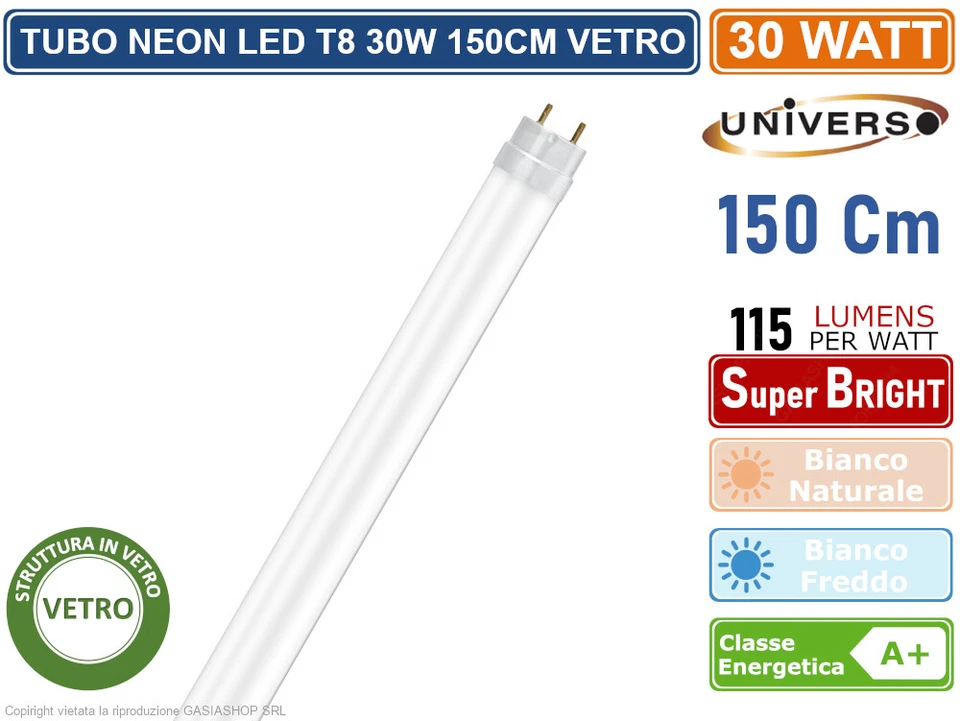 UNIVERSO TUBO LED SMD IN VETRO T8 G13 30W LAMPADINA 150CM 3500 LUMEN 330° 4000K 6500K