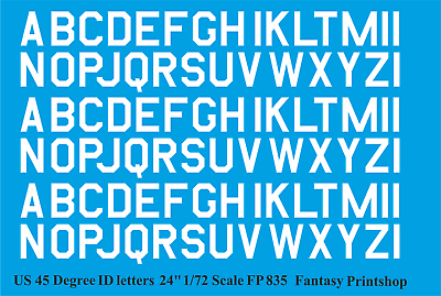 USA  45 DEG ID LETTERS  24 INCH water slide transfers decal  FP835 WHITE 1/72