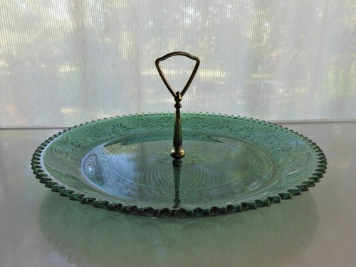 Tiara Indiana Glass Spruce Green Sandwich Handled Tidbit 12" Tray Platter - Picture 6 of 8