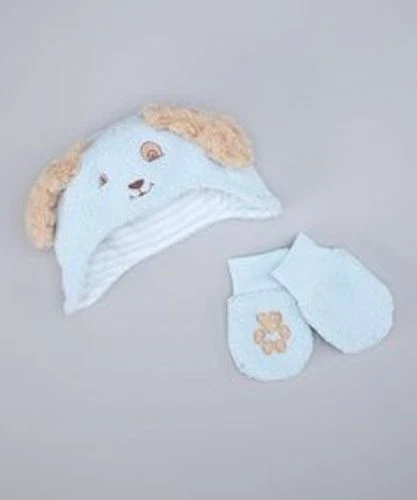 Bunnies by the Bay Blue Puppy Hat and Mittens Plush Set NWT