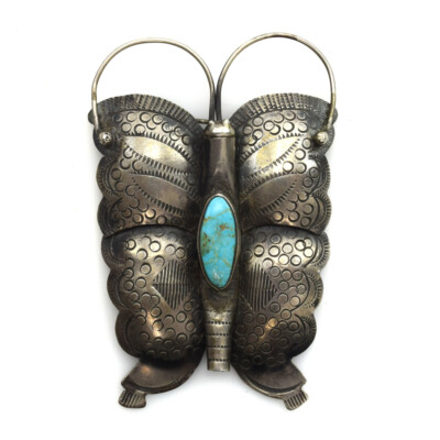 Navajo Turquoise And Stamped Silver Butterfly Pin C 1940s 3 X 2 Ebay