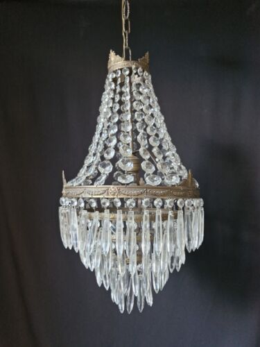 Antique Vintage Brass & Crystals French Empire Chandelier Ceiling Lamp Light - Picture 1 of 13