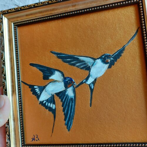 Swallow Bird painting Couple of swallows Art Gold Framed Fly Bird Artwork - Picture 12 of 12