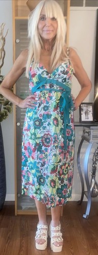 Abito MIDI con spalline BCBG MAXAZRIA rosa rosso verde giallo cravatta floreale taglia L
