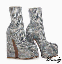 Glitter Women Rhinestone Ankle Boots High Block Heel Nightclub Dance Party Shoes