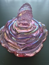 Fenton Pink Art Glass Covered Candy Dish Butterfly On Rose Lidded Trinket Bowl