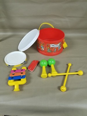 VTG 1979 Fisher Price #921 Marching Band Set Drum Case Harmonica Sticks Maracas