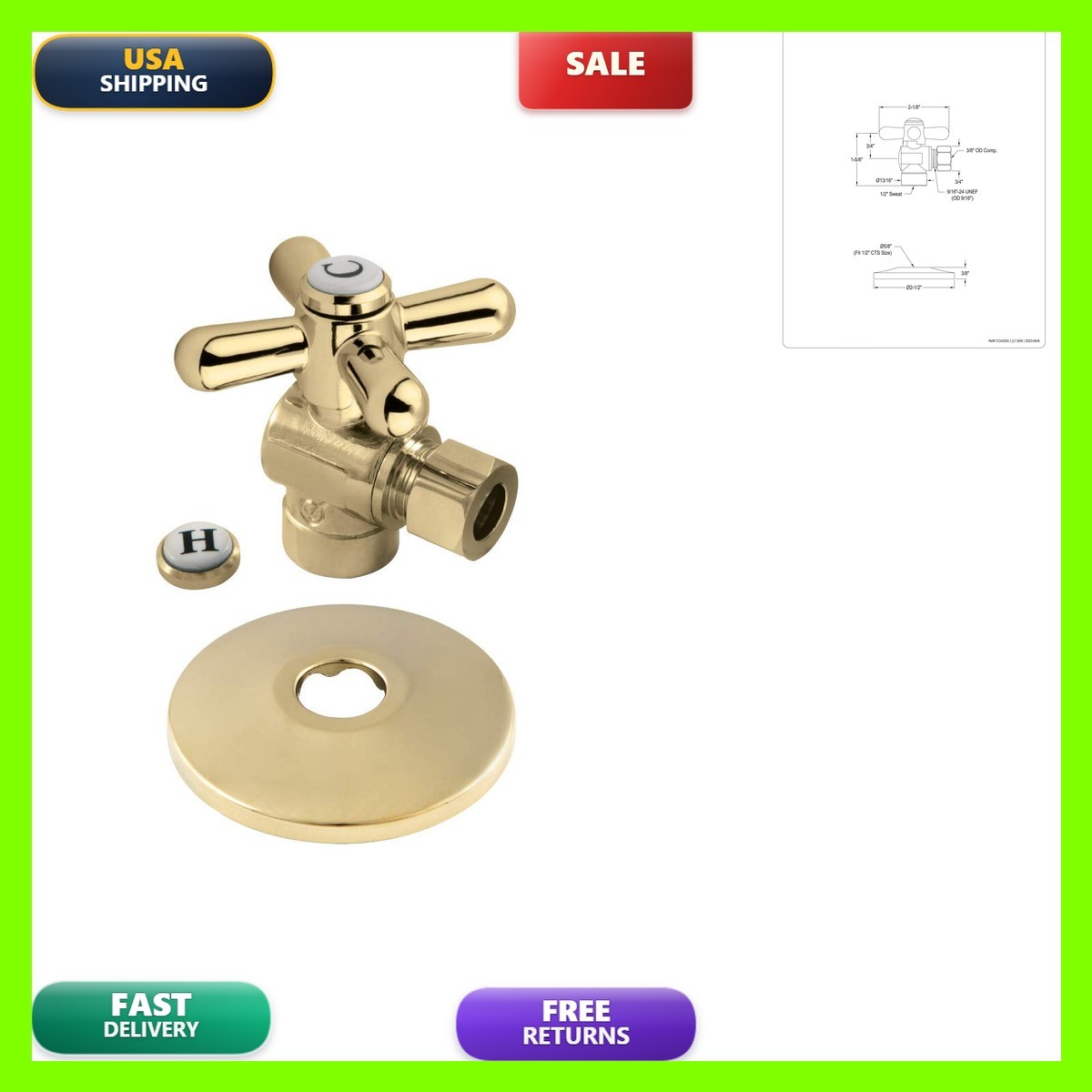 Kingston CC43202XK Quarter-Turn Angle Shut-Off Valve, Polished Brass