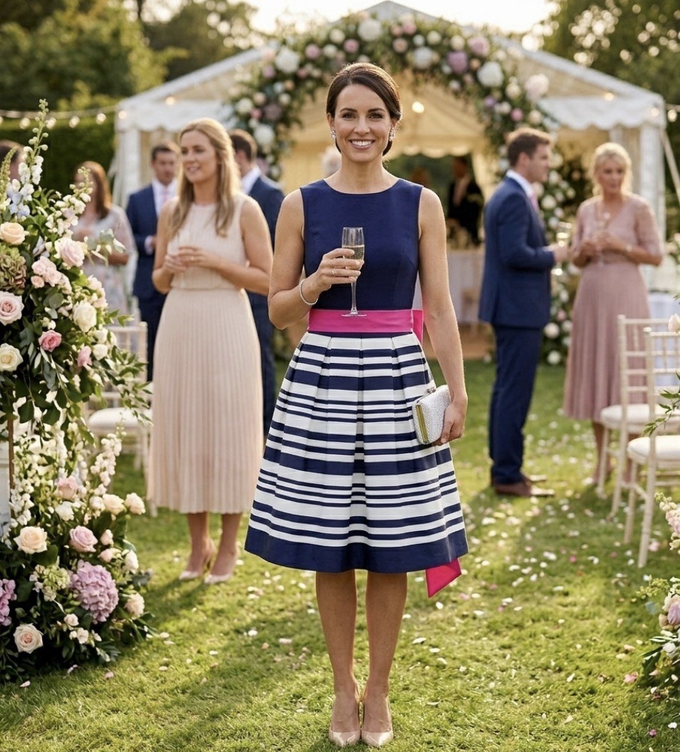 Eliza J Fit & Flare Wedding Guest Dress Pink Belt Navy and White, Sz 6  Coastal