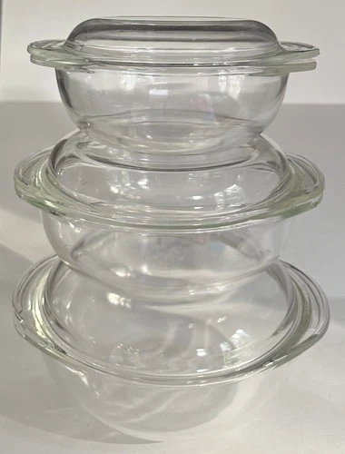 Vintage PYREX Clear Nesting Casserole Set – 3 Sizes with Lids–1 QT, 1.5 QT, 2 QT