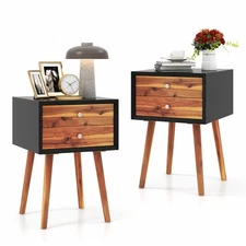 2PCS Wooden Nightstand Mid-Century End Side Table Living Room W/2 Drawer