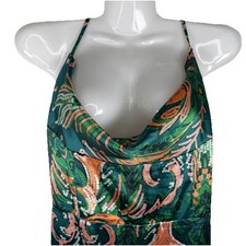 Satin Slip Dress SZ Large Green Slip Sequin Halter Ruffle Hem Farm Rio Theme