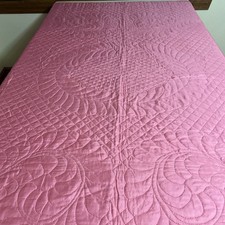 Vntg Pink Quilted Bedspread Blanket Allover Swirl  Circle Stitching 74" X 86"