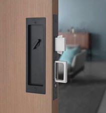 Modern Black Pocket Door Hardware Set with Privacy Lock & Soft Close