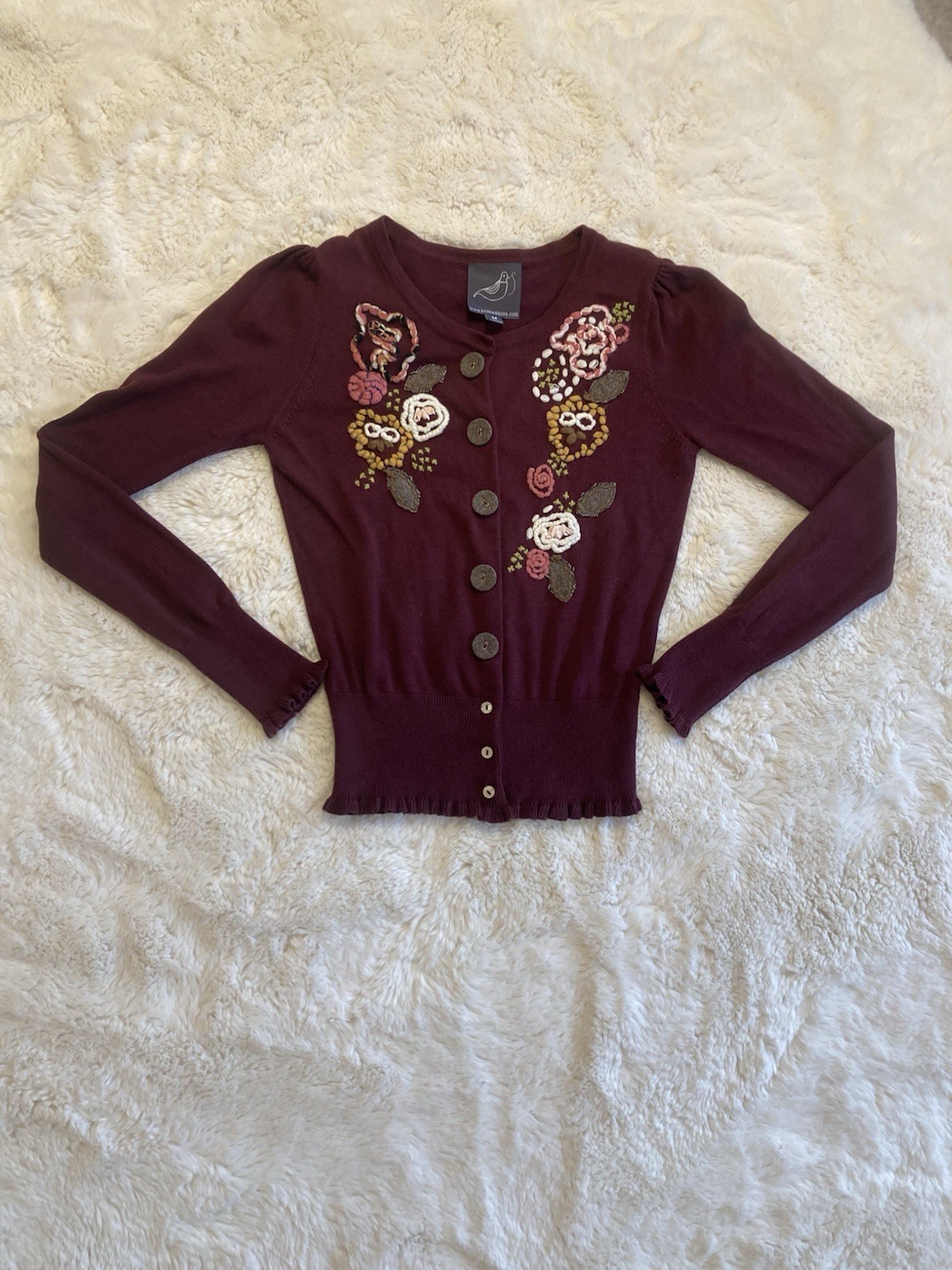 Anthropologie Knitted Dove Burgundy Floral Embroidered Sweater Women’s M Retro