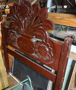 Antique Hand-Carved Wood Floral Headboard Brown Polished Finish 1850-1899