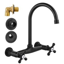 Matte Black Wall Mount Kitchen Sink Faucet, 8" Center, Double Cross Handles, Swi