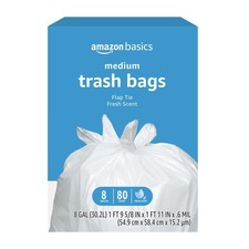 Amazon Basics 8 Gallon Flap Tie Trash Bags, Fresh 80 Count Pack of 1 , Black