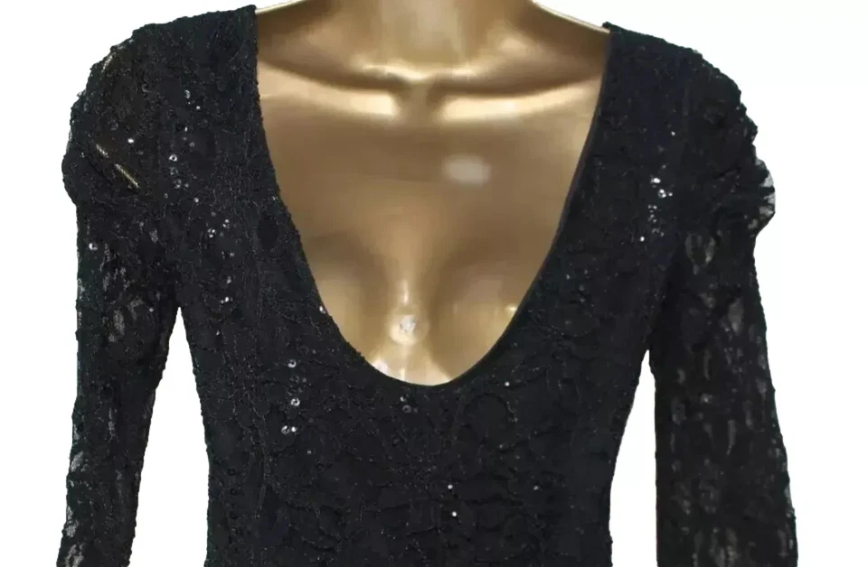 Black Sequin Lace Bodycon Dress Size 10 Xmas Party Evening 3/4 Sleeve Low Back - Image 3 of 4