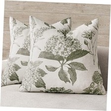 Set of 2 Linen Floral Throw Pillow Covers 22" x 22" Pack of 2 Cedar Green