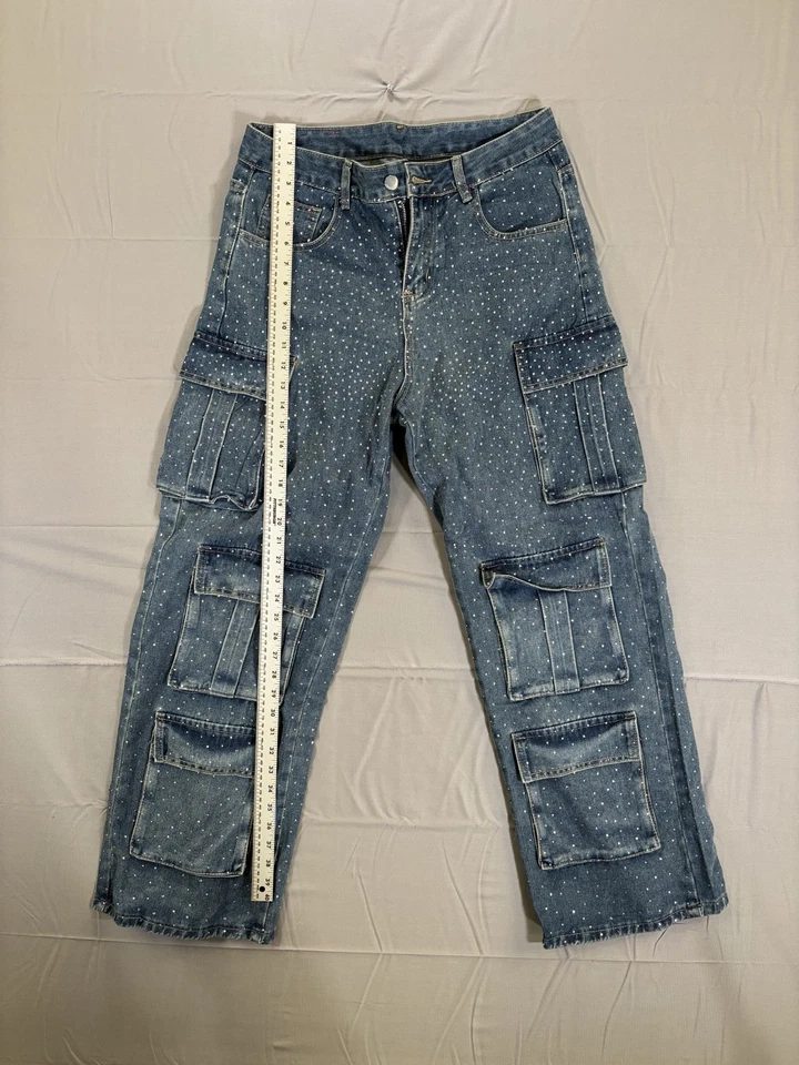 Pantalones de mezclilla informales para mujer con bolsillos y diamantes de moda talla: grande Foto 4 de 4